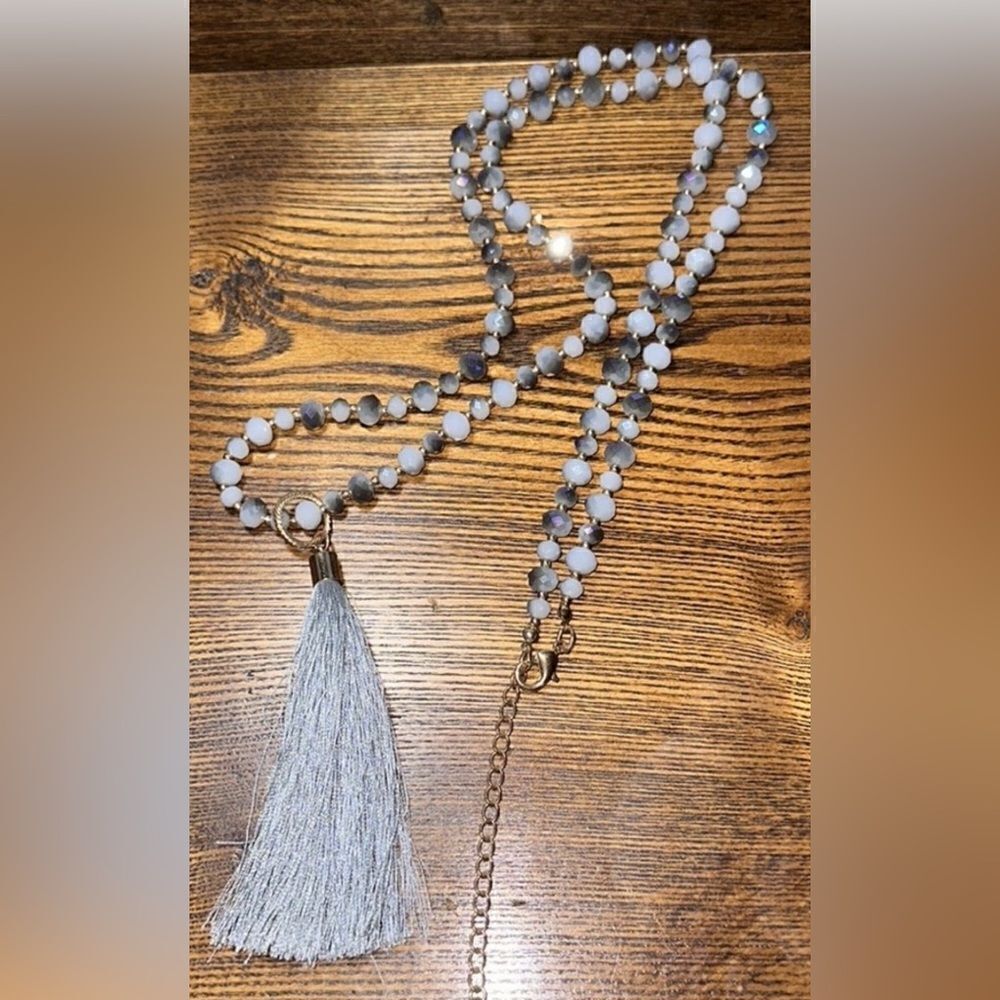 Gray Faceted Iridescent Rondelle Bead Tassel Necklace